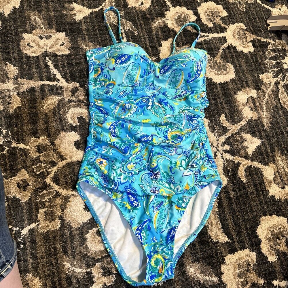 Chaps Women's Size 10 One-Piece Blue Swimsuit Paisley